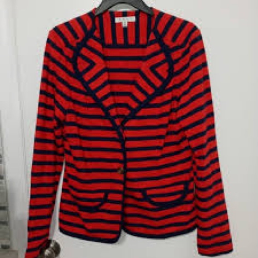 Cabi navy blue and red striped sweater with gold fashion buttons and pipe trim